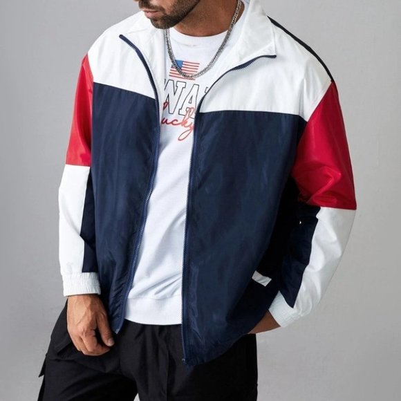 Casual Men's Colorblock Zip Up Jacket - Picture 3 of 5